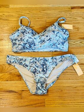Kona Sol Light Blue & Navy Snakeskin Textured Bikini Set